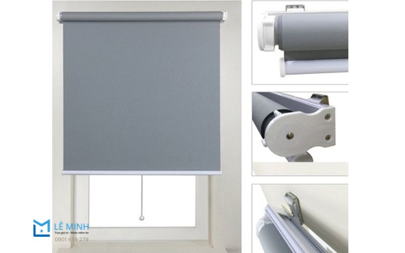 Ảnh rèm cuốn cửa sổ không cần khoan màu xám đậm kèm phụ kiện keo 3M và trục cuốn chống nắng.