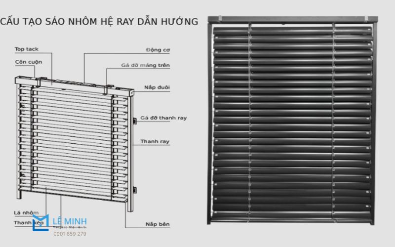 Cấu tạo rèm sáo nhôm ngoài trời gồm lá nhôm dày, phụ kiện chống gỉ và hệ dây kéo bền bỉ.